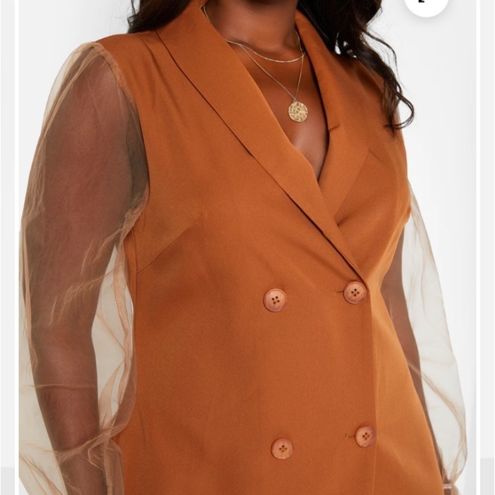 Rebdolls Caramel Blazer Plus Size Dress With Sheer Sleeves Size 3X - Picture 2 of 6